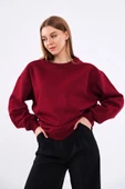 Bordo Kadın Pamuklu Oversize Basic Bisiklet Yaka Sweatshirt thumbnail 4