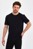Erkek Siyah Basic Kolları Şeritli %100 Pamuk Bisiklet Yaka Regular Fit T-shirt thumbnail 9