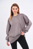 Kahve Kadın Pamuklu Oversize Basic Bisiklet Yaka Sweatshirt thumbnail 3