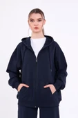 Lacivert Kanguru Cepli Kapüşonlu Fermuarlı Oversize Kadın Sweatshirt thumbnail 1