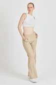 Bej Fitilli Geniş Paça Kaşkorse Yüksek Bel Cepli Kadın Eşofman Altı thumbnail 3