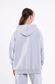 Gri Kanguru Cepli Kapüşonlu Fermuarlı Oversize Kadın Sweatshirt thumbnail 7