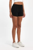Kadın Yırtmaçlı Mevsimlik Premium Kumaş Regular Fit İpli Siyah Kısa Mini Şort thumbnail 3