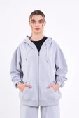 Gri Kanguru Cepli Kapüşonlu Fermuarlı Oversize Kadın Sweatshirt thumbnail 1