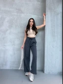 Siyah-Lacivert-Antrasit Kadın Mevsimlik Salaş Geniş Paça Yüksek Bel 3'lü Eşofman Altı thumbnail 4