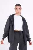 Antrasit Kanguru Cepli Kapüşonlu Fermuarlı Oversize Kadın Sweatshirt MTLCB73 thumbnail 1