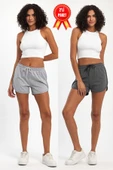 Kadın Yırtmaçlı Mevsimlik Premium Kumaş Regular Fit İpli Siyah-Gri Kısa Mini Şort thumbnail 6