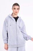Gri Kanguru Cepli Kapüşonlu Fermuarlı Oversize Kadın Sweatshirt thumbnail 3