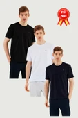 Erkek 3'lü Bisiklet Yaka T-shirt %100 Pamuk Nakış Detaylı Basic Siyah-Lacivert-Antrasit Tişört thumbnail 1