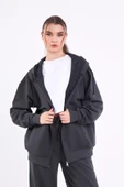 Antrasit Kanguru Cepli Kapüşonlu Fermuarlı Oversize Kadın Sweatshirt MTLCB73 thumbnail 2