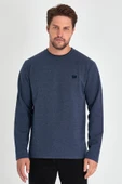 Erkek İndigo Çift Bisiklet Yaka Baskı Detaylı Standart Rahat Kesim Sweatshirt - 2