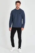 Erkek İndigo Çift Bisiklet Yaka Baskı Detaylı Standart Rahat Kesim Sweatshirt - 5