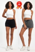 Kadın Yırtmaçlı Mevsimlik Premium Kumaş Regular Fit İpli Siyah-Gri Kısa Mini Şort thumbnail 1