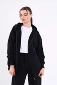 Siyah Kanguru Cepli Kapüşonlu Fermuarlı Oversize Kadın Sweatshirt MTLCB73 thumbnail 3