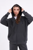 Antrasit Kanguru Cepli Kapüşonlu Fermuarlı Oversize Kadın Sweatshirt MTLCB73 thumbnail 4