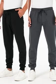 Kalın Siyah-Antrasit Erkek 2'li Eşofman Altı Jogger Arka Cepli Paça Lastikli Regular Fit Şardonsuz thumbnail 1