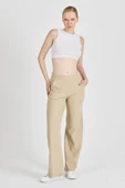 Bej Fitilli Geniş Paça Kaşkorse Yüksek Bel Cepli Kadın Eşofman Altı thumbnail 2
