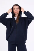 Lacivert Kanguru Cepli Kapüşonlu Fermuarlı Oversize Kadın Sweatshirt thumbnail 4