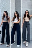 Siyah-Lacivert-Antrasit Kadın Mevsimlik Salaş Geniş Paça Yüksek Bel 3'lü Eşofman Altı thumbnail 1