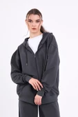 Antrasit Kanguru Cepli Kapüşonlu Fermuarlı Oversize Kadın Sweatshirt MTLCB73 thumbnail 3