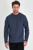 Erkek İndigo Çift Bisiklet Yaka Baskı Detaylı Standart Rahat Kesim Sweatshirt - 1