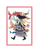 Japon Sanat Tarzı Renkli Balık ve Kız İllüstrasyonu   Dekoratif Kartpostal & Hediye Not Kartı 10x15 - 1