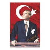 Göğe Bakan Gazi Mustafa Kemal Atatürk İmzalı Portre - Sivil Türk Bayrağı Poster - Bayrak 100x150 cm thumbnail 2