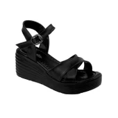 Kadın Siyah Tokalı Dolgu Topuklu Sandalet 6 Cm Rahat Yüksek Topuklu - 1