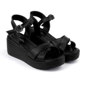 Kadın Siyah Tokalı Dolgu Topuklu Sandalet 6 Cm Rahat Yüksek Topuklu - 3