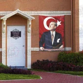 Göğe Bakan Gazi Mustafa Kemal Atatürk İmzalı Portre - Sivil Türk Bayrağı Poster - Bayrak 100x150 cm thumbnail 1
