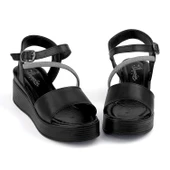 Kadın Siyah Tokalı Taşlı Dolgu Topuklu Sandalet 6 Cm Rahat Yüksek Topuklu FLGS16 - 4