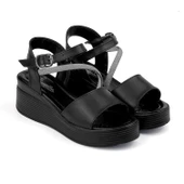 Kadın Siyah Tokalı Taşlı Dolgu Topuklu Sandalet 6 Cm Rahat Yüksek Topuklu FLGS16 - 3