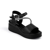 Kadın Siyah Tokalı Taşlı Dolgu Topuklu Sandalet 6 Cm Rahat Yüksek Topuklu FLGS16 - 1