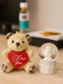 Sevimli Mini Peluş Ayıcık ve Mini Melek Kar Küresi Set Bej Rengi - 1