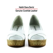 Erkan Saçmacı Astrid Beyaz Hakiki Dana Derisi Çapraz Bantlı Mantar Taban Görünümlü Dolgu Topuklu Sandalet - 6