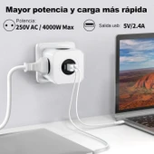 Çoklu priz, USB soketi, 4 bölmeli (1 x Schuko priz, 3 Avrupa prizi), 3 x USB soketi, ofis, ev veya seyahat için aşırı gerilim thumbnail 3