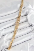 Pirinç Zirkon Taşlı Ezme Küba Zincir Model Gold Renk Kadın Bileklik thumbnail 1