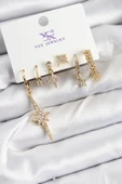 Pirinç Zİrkon Taşlı Kutup Yıldızı Model Gold Renk 3'lü Çift Kadın Küpe - TJ-BKP10951 - 1