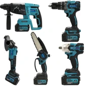 Akülü 6 lı Grup Set ( 5li Makina Seti Avuç Taşlama,Kırıcı Delici,Somun Sıkma Sökme,Vidalama,Budama Testere + 58Vf Akülü Kömürsüz Araç Yıkama Seti )  EEA431 thumbnail 2