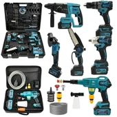 Akülü 6 lı Grup Set ( 5li Makina Seti Avuç Taşlama,Kırıcı Delici,Somun Sıkma Sökme,Vidalama,Budama Testere + 58Vf Akülü Kömürsüz Araç Yıkama Seti )  EEA431 thumbnail 1