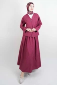 Tesettür Takım Tek Cep Detaylı Poplin Etekli 2'li Takım Bordo thumbnail 1