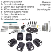 CHELİKBEİ EEA379 Akülü 8li Set Kırıcı Delici + 450Nm Somun Sökme + 13mm Vidalama + Dal budama makası + Dal testeresi + 125mm Avuç Taşlama + Dekupaj Testere + Powerbank ve Led - 2