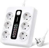 Çoklu priz, 6'lı USB, 12'si 1 arada çoklu priz, 5 USB-A ve 1 USB-C, şalterli, 2 m uzatma kablosu, 3000 W, ofis, ev için çoklu priz (beyaz) - 1