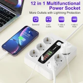 Çoklu priz, 6'lı USB, 12'si 1 arada çoklu priz, 5 USB-A ve 1 USB-C, şalterli, 2 m uzatma kablosu, 3000 W, ofis, ev için çoklu priz (beyaz) - 2