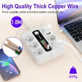 Çoklu priz, 6'lı USB, 12'si 1 arada çoklu priz, 5 USB-A ve 1 USB-C, şalterli, 2 m uzatma kablosu, 3000 W, ofis, ev için çoklu priz (beyaz) - 3