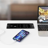 Masa Üstü Gömme 2 USB Priz, Geri Çekilebilir Kurulum Çoklu Priz, 3 Yollu, 1,8 m Kablolu, Ofisler, Yatak Odaları, Sınıflar, İş İstasyonları için (Siyah, 2AC + USB (A+C)) thumbnail 3