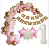 1 YAŞ KRAFT GOLD BANNER, 30 ADET PEMBE, GOLD, BEYAZ BALON 2 PEMBE 1 BEJ YILDIZLI DOĞUM GÜNÜ SETİ thumbnail 1