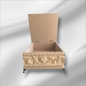 Ahşap- Ham Mdf- Desenli-takı-makyaj-aksesuar-çok Amaçlı- Ayaklı Kare Dekoratif Kutu - 2