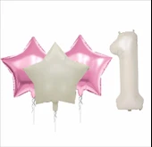 1 YAŞ KRAFT GOLD BANNER, 30 ADET PEMBE, GOLD, BEYAZ BALON 2 PEMBE 1 BEJ YILDIZLI DOĞUM GÜNÜ SETİ thumbnail 3