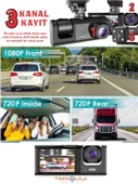 1080P Dash Cam Full Hd Araç içi Kamera Ön Arka ve İç Kayıt 3 Kamera Gece Görüşlü G Sensör Geniş Açı thumbnail 3